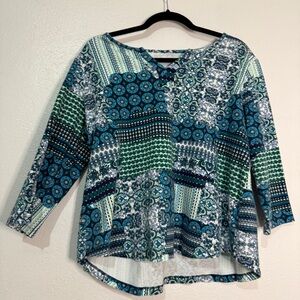 Kim Rogers Women's Blue/White Patterned Top. 100% cotton.  100% cotton. Sz XL.
